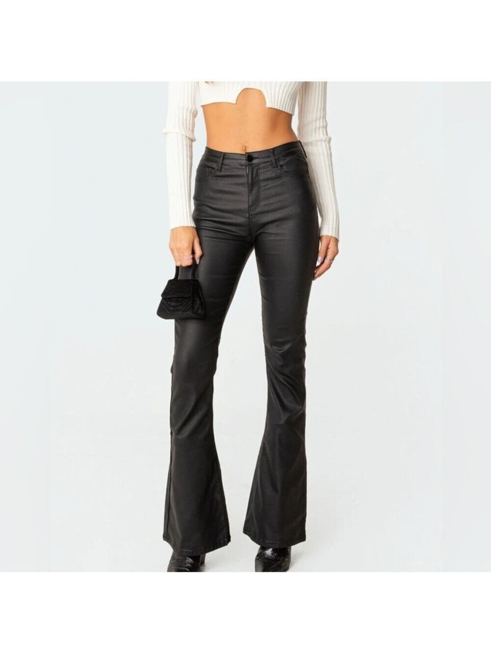 Edikted Black Flared Luna  faux Leather Pants size large